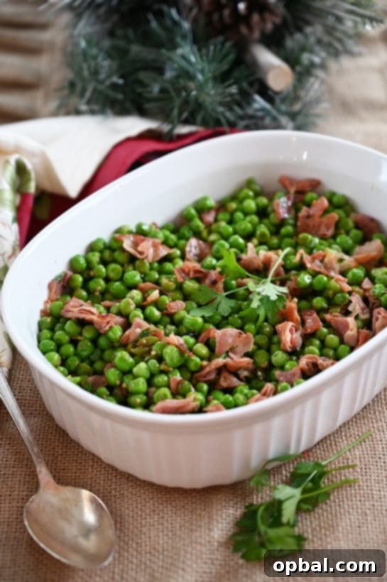 Emeralds and Silk 3 Peas with Prosciutto recipe is the best 20 minute side dish for a weeknight meal or a holiday feast! Peas are richly flavored by salty prosciutto as well as the pork’s rendered fat. Delicious!