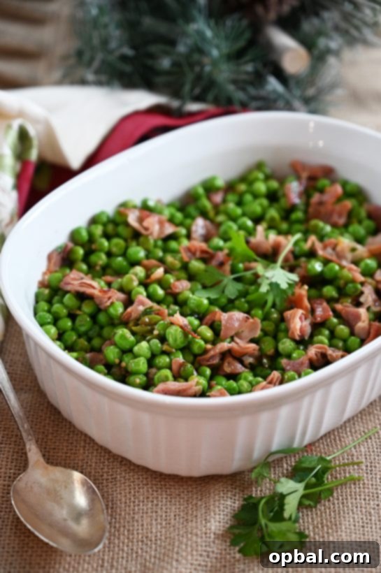 Emeralds and Silk 4 Easy Peas with Prosciutto recipe is the best 20 minute side dish for a weeknight meal or a holiday feast! Peas are richly flavored by salty prosciutto as well as the pork’s rendered fat. Delicious!