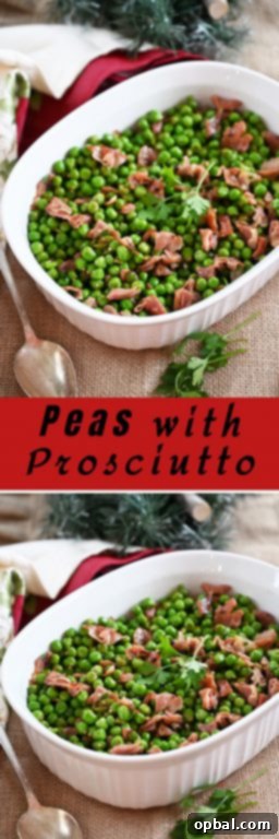 Emeralds and Silk 6 Peas with Prosciutto recipe is the best 20 minute side dish for a weeknight meal or a holiday feast! Peas are richly flavored by salty prosciutto as well as the pork’s rendered fat. Delicious and easy!