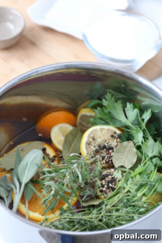The Ultimate Guide to Brining a Juicy Turkey 12 An assortment of seasonings and fresh herbs being added to the brine mixture, crucial for a flavorful brined turkey.