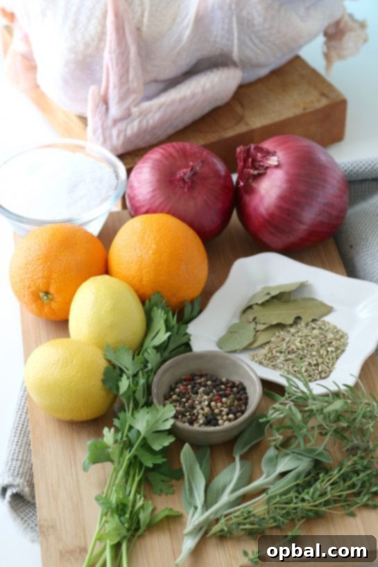 The Ultimate Guide to Brining a Juicy Turkey 3 A selection of fresh ingredients laid out, ready to be combined for the perfect turkey brine.