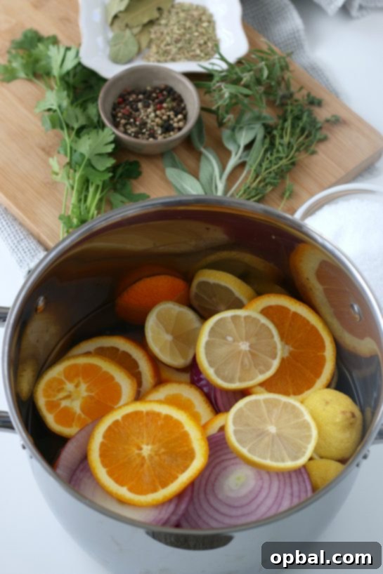 The Ultimate Guide to Brining a Juicy Turkey 4 The initial steps of preparing the turkey brine, with various spices and herbs laid out.