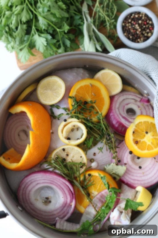 The Ultimate Guide to Brining a Juicy Turkey 9 The prepared turkey brine, with herbs and spices visible, ready for the turkey to be submerged.