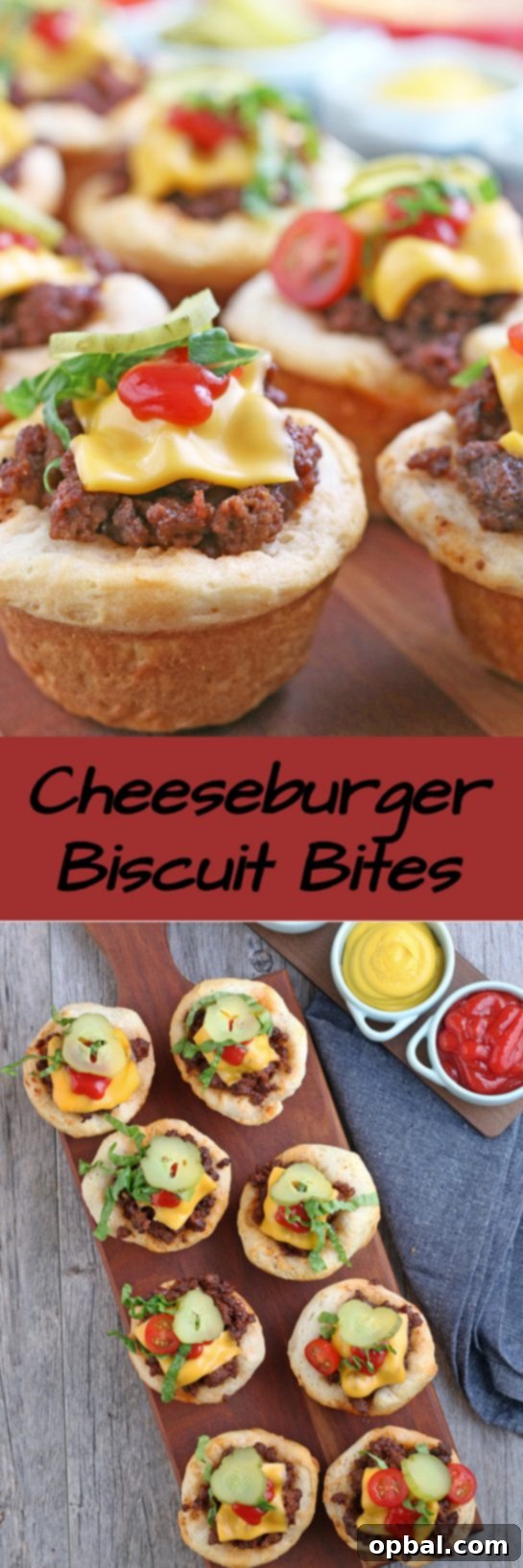 Cheeseburger Biscuit Poppers 13 A beautifully composed flat lay image showcasing two cheeseburger biscuit bites, each perfectly topped with fresh shredded lettuce and dill pickles. The image emphasizes their appeal as a quick, easy, and family-friendly meal or appetizer for any occasion, especially Super Bowl.