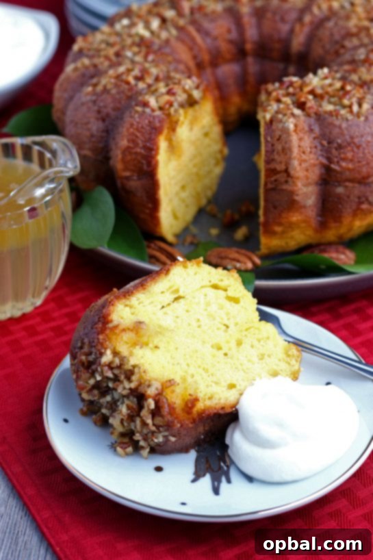 Holiday Spirit Rum Cake 13 A perfect slice of rum cake, served with a dollop of whipped cream, showcasing its rich texture and moistness.