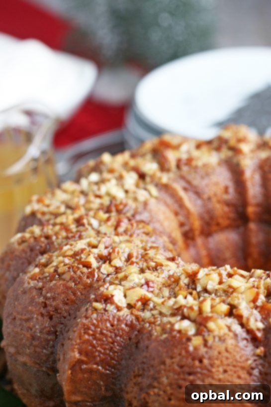 Holiday Spirit Rum Cake 3 A close-up shot of a slice of rum cake, showcasing its moist texture and glistening rum cake glaze.