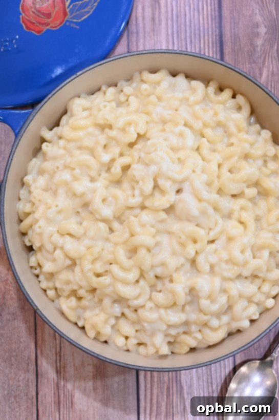 Simple Skillet Macaroni and Cheese 3 Close-up of a perfectly cooked, golden Stovetop Mac & Cheese, ready to be enjoyed