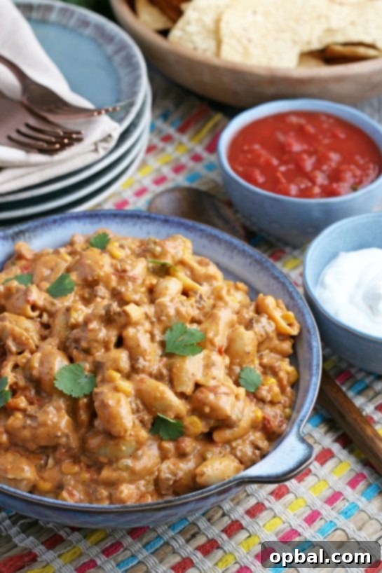 Easy Crockpot Creamy Taco Pasta 2 A view of the finished taco pasta in a bowl ready to be enjoyed, garnished with fresh cilantro.