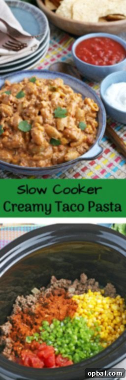 Easy Crockpot Creamy Taco Pasta 13 My slow cooker taco pasta is an easy, creamy, delicious Mexican pasta salad. I love making taco pasta for a quick meal, side dish, or even for meal prep! A final vertical image of the dish.