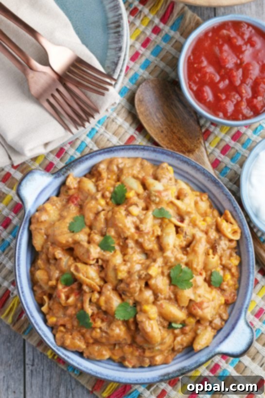 Easy Crockpot Creamy Taco Pasta 3 A top-down view of the finished slow cooker taco pasta, rich with cheese and meat, ready to be enjoyed or shared!