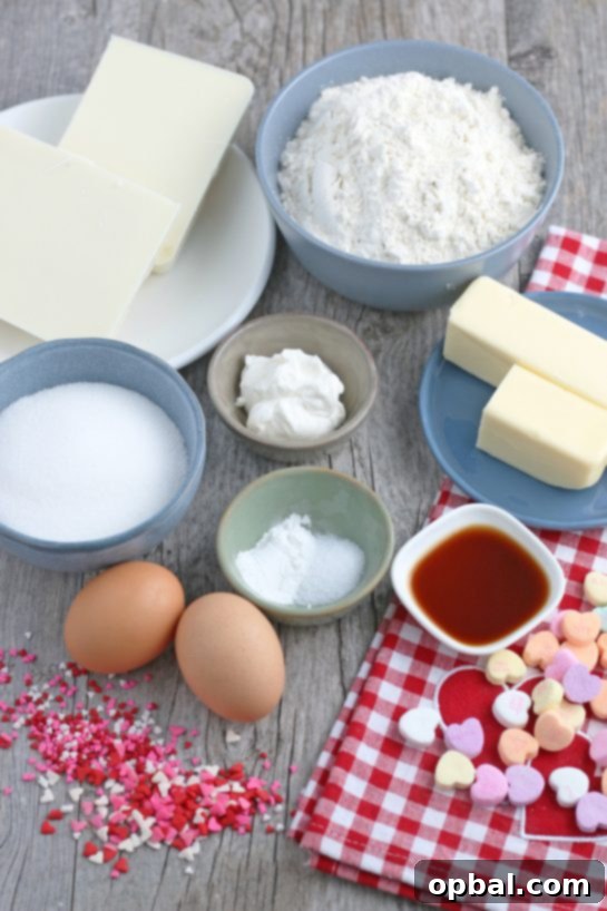 Here we see all of the ingredients needed to make conversation heart cookies, laid out and ready to be used for baking.