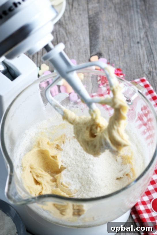 Here we see into the stand mixer as we start to mix up the dough for our conversation heart cookies, beginning the process.