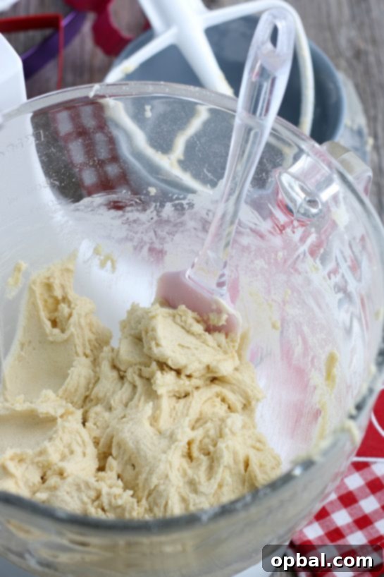 Crafting Edible Love Notes: Decorating Valentine's Conversation Heart Cookies 10 The finished cookie dough, perfectly mixed and cohesive, resting in the stand mixer bowl, ready to be chilled and then expertly rolled out for cutting into festive shapes.