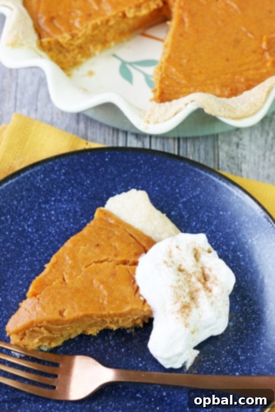 Velvet Sweet Potato Pie 6 A beautiful top-down shot of a slice of the finished sweet potato pie, generously topped with fluffy spiced whipped cream on a white plate.