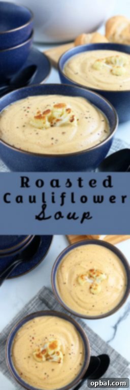 A vibrant, full-sized image of a rustic bowl filled with creamy roasted cauliflower soup, garnished with fresh green herbs and crispy roasted cauliflower florets, highlighting its inviting and wholesome appeal.