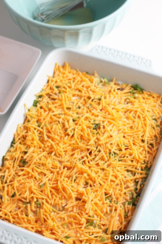 Savory Sleep-In Breakfast Bake 12 In this step we see the final toppings being added before the casserole goes into the refrigerator overnight.