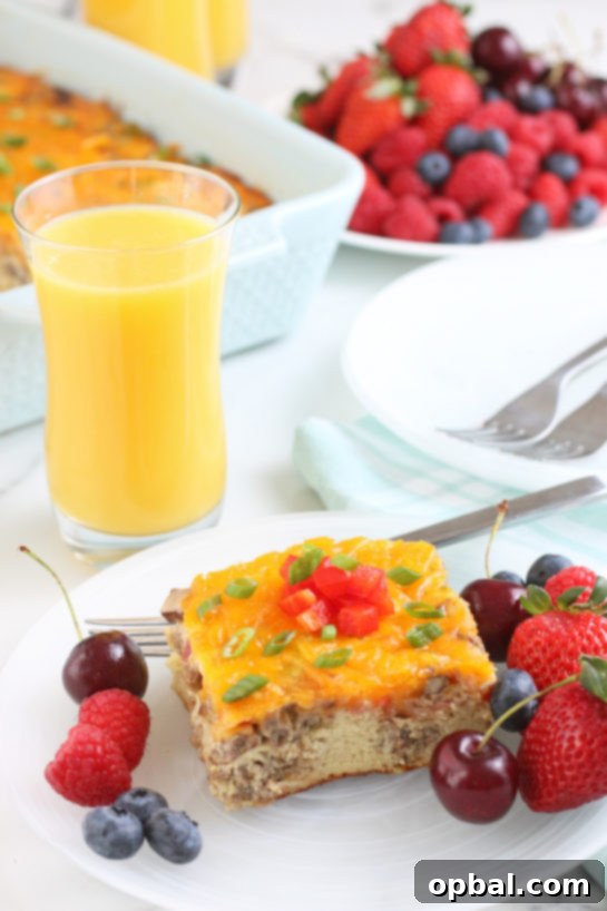 Savory Sleep-In Breakfast Bake 3 A look at this delicious overnight egg casserole with other breakfast foods, ready to be shared and enjoyed.
