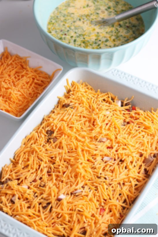 Savory Sleep-In Breakfast Bake 5 The best step in making an overnight egg casserole is to top it with cheese. It's makes the perfectly melted, delicious, topping!