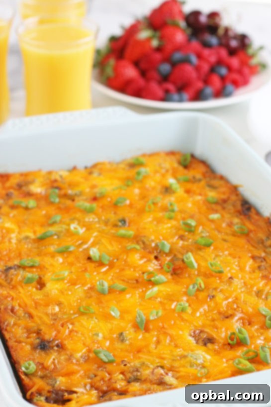 Savory Sleep-In Breakfast Bake 6 Here we see a the full pan of breakfast egg casserole perfectly baked and ready for serving.