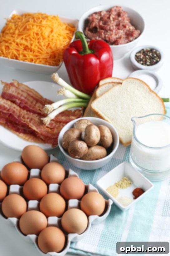 Savory Sleep-In Breakfast Bake 8 All of the ingredients needed to make a breakfast casserole egg and sausage recipe laid out before we begin.