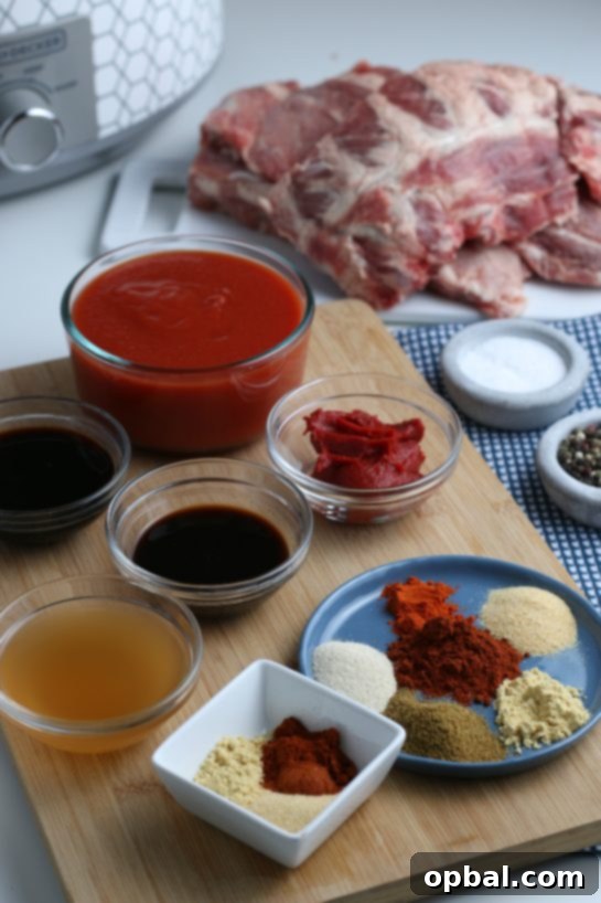 An organized display of all the essential ingredients, both wet and dry, required to make homemade slow cooker ribs.