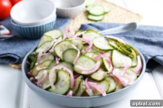 Close-up finished photo of the cucumber salad with onions recipe, showcasing the texture and dressing.
