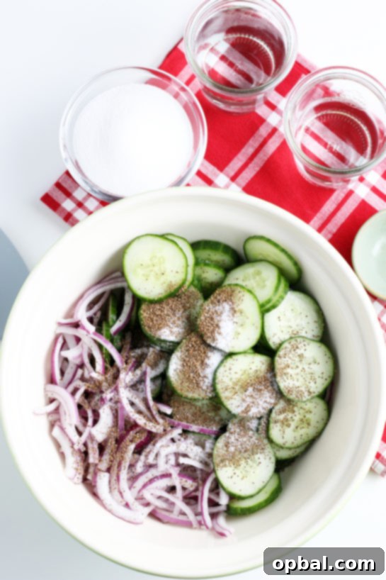 Adding the spices to the cucumber salad, showing the preparation step.