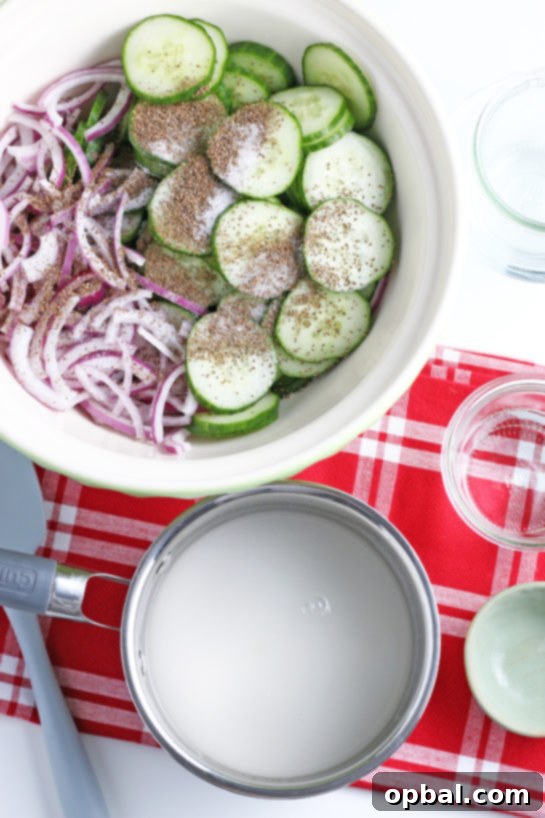 The dressing for the cucumber salad mixed and ready to be added, highlighting its readiness.