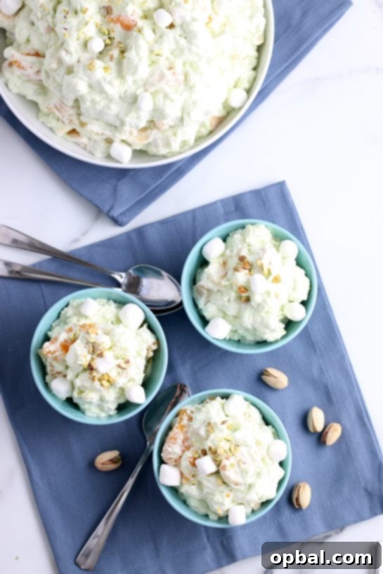 Pistachio Cloud Fruit Ambrosia 17 A tempting top-down view of three individual servings of the creamy pistachio salad, beautifully presented and ready to be enjoyed immediately.
