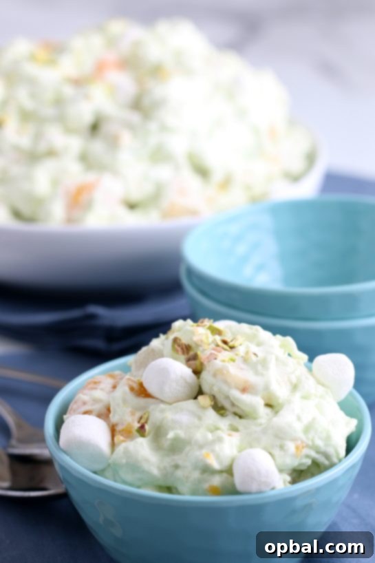 Pistachio Cloud Fruit Ambrosia 3 A close-up shot of a single serving bowl overflowing with fluffy pistachio salad, showcasing its creamy texture and bits of fruit.