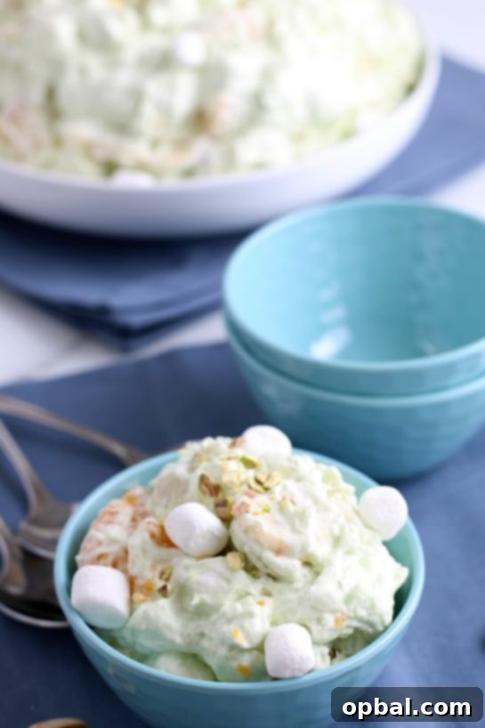 Pistachio Cloud Fruit Ambrosia 5 A pristine shot of the finished pistachio salad in an elegant serving bowl, ready to be scooped and enjoyed by guests.