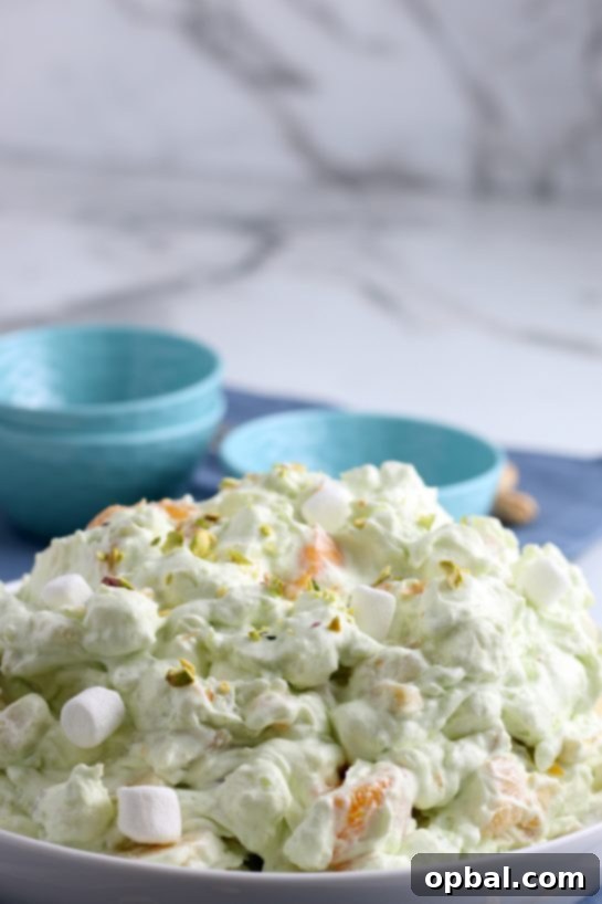 Pistachio Cloud Fruit Ambrosia 6 A final, mouth-watering view of the creamy pistachio salad, perfectly chilled and garnished, waiting to be served.