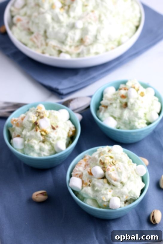 Pistachio Cloud Fruit Ambrosia 8 Three individual servings of the refreshing Watergate Salad, beautifully arranged and ready for guests to enjoy at a party or family meal.