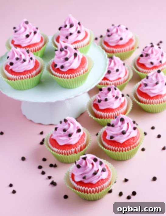 Watermelon Dream Cupcakes 7 Photo of the decorated watermelon cupcakes with buttercream frosting and mini chocolate chips on top