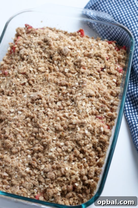 Delicious Strawberry and Rhubarb Crisp 3 Strawberry & Rhubarb crisp recipe freshly baked, cooling in the pan after coming out of the oven, showcasing its golden-brown topping and bubbling fruit.