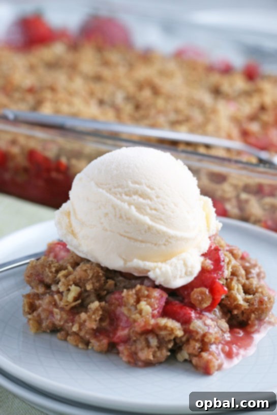 Delicious Strawberry and Rhubarb Crisp 4 A serving of Strawberry & Rhubarb crisp, warm from the oven, elegantly plated with a generous scoop of melting vanilla ice cream on top, ready to be savored.
