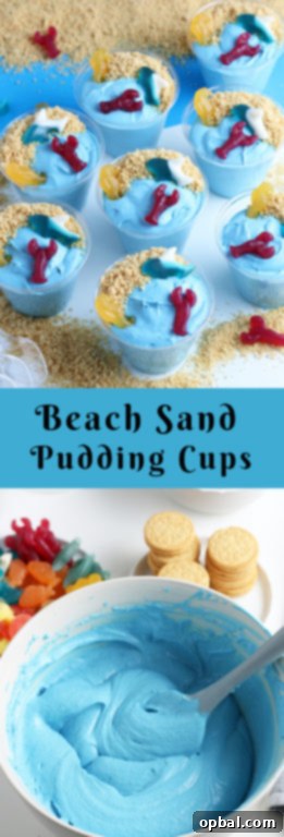 Seaside Pudding Parfaits 11 Final presentation of Beach Sand Pudding Cups, a cute and delicious no-bake dessert that kids love to help make, featuring creamy vanilla pudding, blue coloring, whipped topping, and playful beach-themed candies.