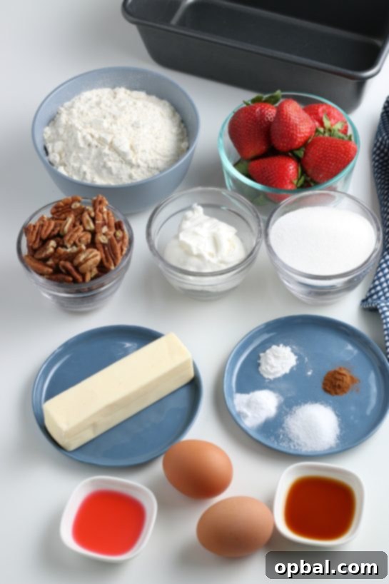 Luscious Strawberry Cream Bread 6 All ingredients for strawberry bread laid out on a counter before baking.