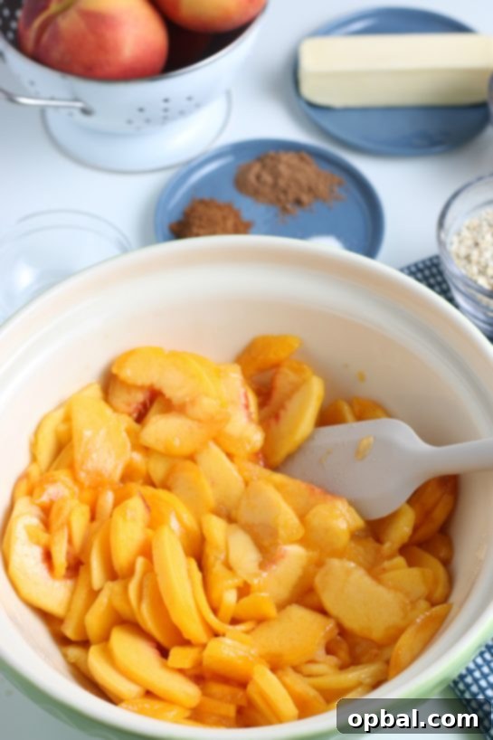 Sun-Kissed Peach Crumble 12 Stirring together the fresh peach slices with seasoning, preparing them for the baking process