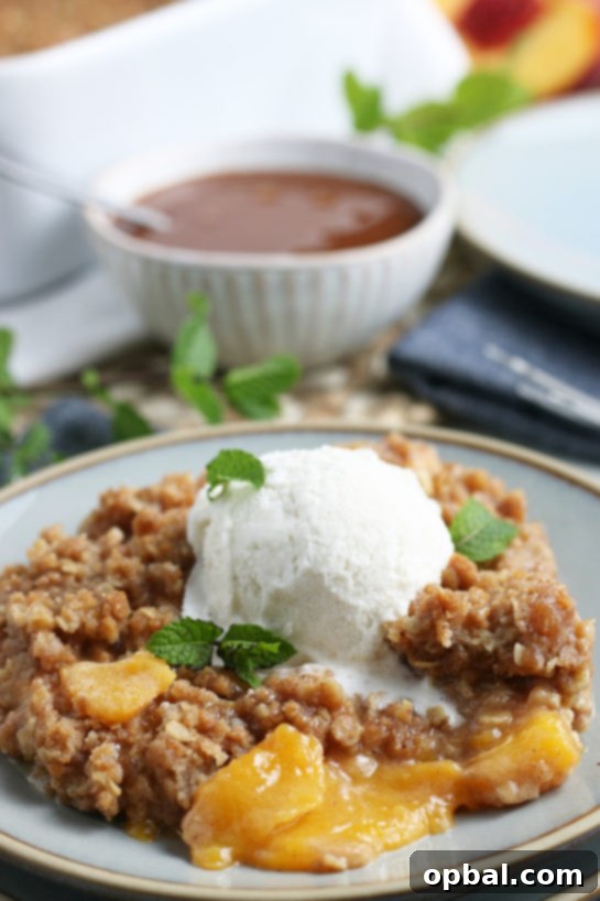 Sun-Kissed Peach Crumble 16 A beautiful finished photo of the best fresh peach crisp, showcasing its golden topping and inviting texture, a super easy summer or fall dessert