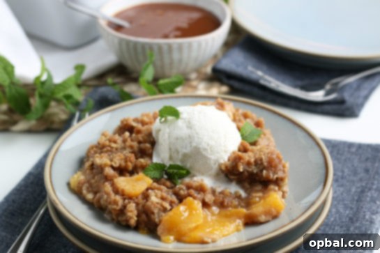 Sun-Kissed Peach Crumble 5 A perfectly baked, simple fresh peach crisp, with a golden-brown topping and juicy peach filling, ready to be served
