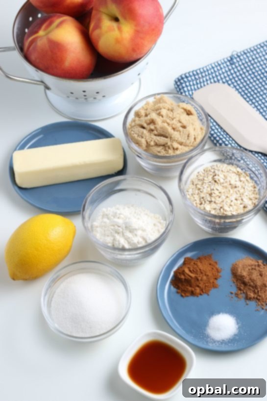 Sun-Kissed Peach Crumble 7 Essential ingredients laid out for making the best fresh peach crisp recipe, including peaches, sugar, flour, and spices
