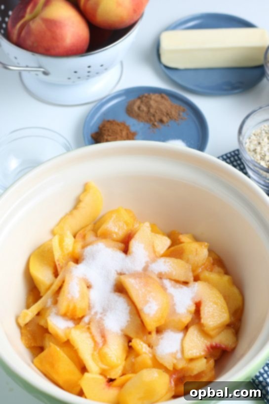 Sun-Kissed Peach Crumble 8 Sprinkling granulated sugar over freshly sliced peaches in a bowl, preparing them for the delicious crisp filling