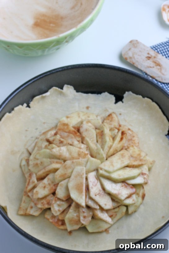 Rustic Apple Tart 14 Layering sliced apples with dry ingredients and spices inside the crostata crust, ensuring an even coating.