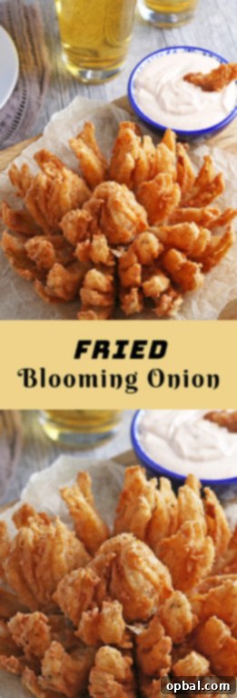 Golden Blossom Onion 16 A smaller, vertical shot of a Fried Blooming Onion cooked until golden and served with a homemade dipping sauce, highlighting it as the ultimate appetizer. Grab a sweet onion and turn it into an incredible, delicious snack for game day!