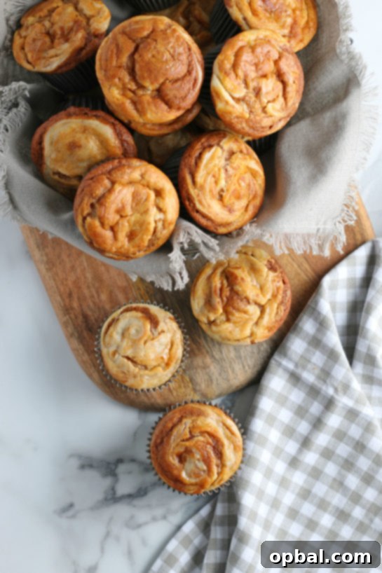 Spiced Pumpkin Cream Cheese Swirl Muffins 12 Beautifully baked Pumpkin Cream Cheese Muffins with a prominent cream cheese swirl, ready for a fall or Thanksgiving feast.