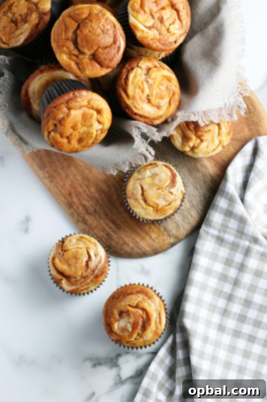 Spiced Pumpkin Cream Cheese Swirl Muffins 16 A stunning shot of Pumpkin Cream Cheese Swirl Muffins, ideal for a fall gathering or holiday dessert.