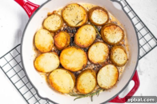 Velvet Roasted Potatoes 12 Close-up of golden-brown potato slices caramelizing in butter, fragrant with rosemary.