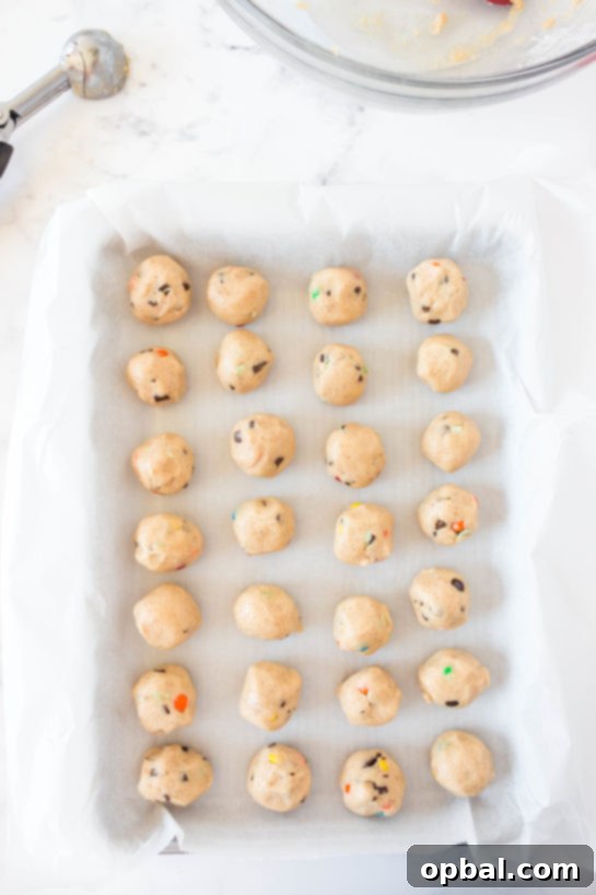 Decadent Dough Bites 12 Arranging scooped cookie dough balls on a baking tray lined with parchment paper