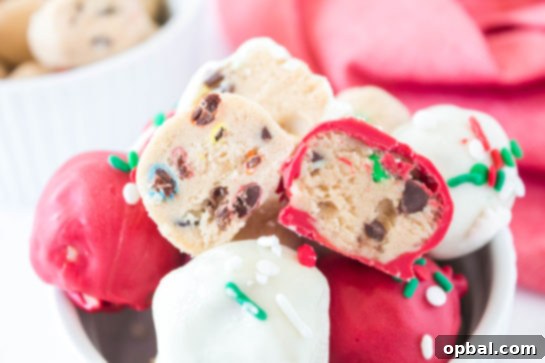 Decadent Dough Bites 4 Festive Christmas Edible Cookie Dough Balls arranged on a tray, ideal for holiday gatherings